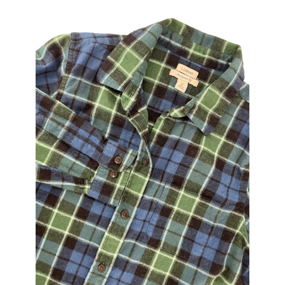 LL Bean Relaxed Fit Flannel Shirt Mens Medium‎ Blue Green Plaid Cotton 273137